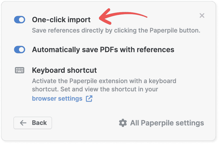 Turn on one-click import in the extension popup